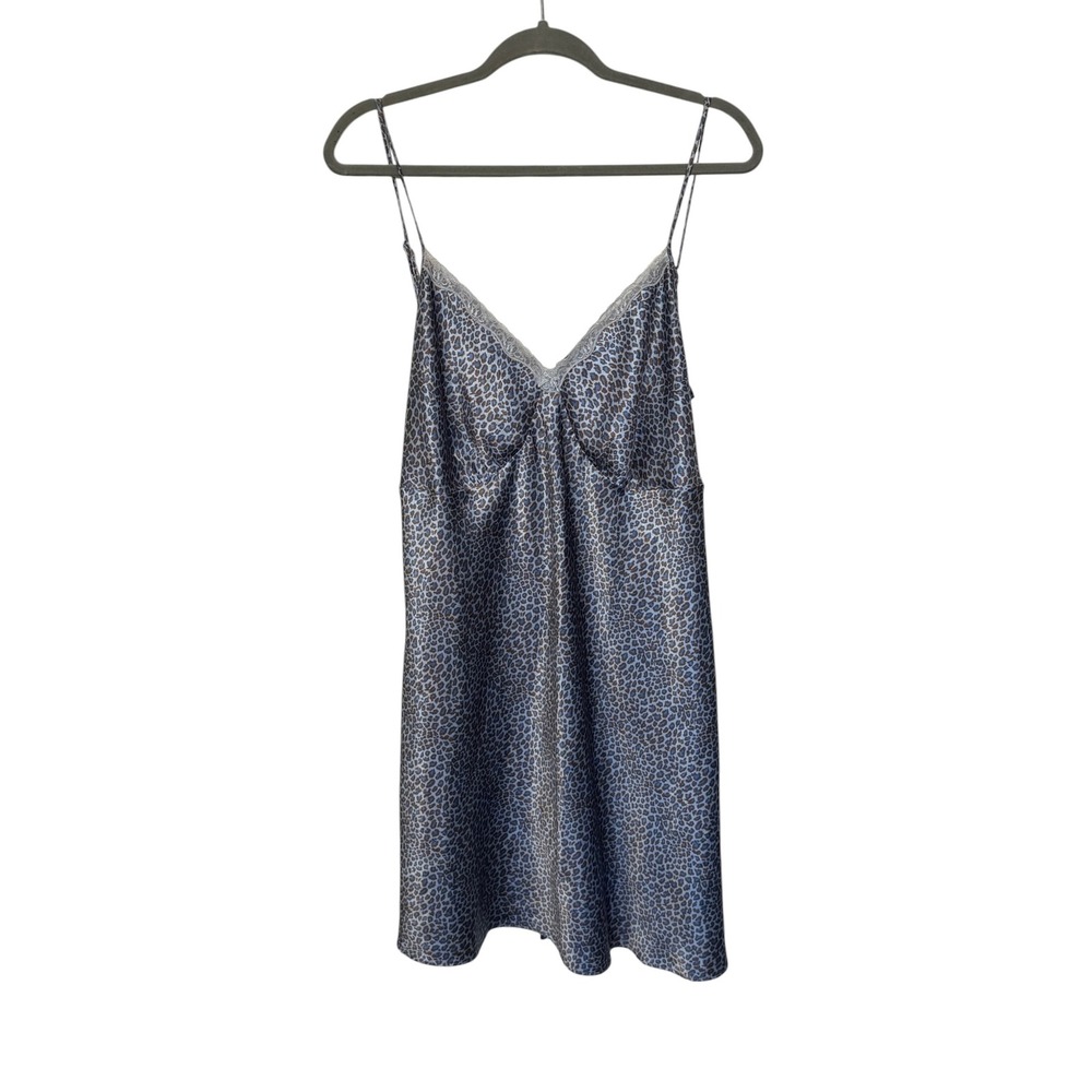 Adonna Woman Womens Blue Leopard Print Slip Dress 1X Satin Lace Sleepwear Poly
